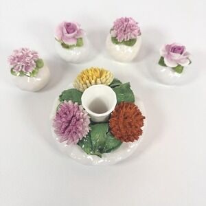 Bone China Salt & Pepper Shakers And Candle Holder Set Carbation & Roses Radnor